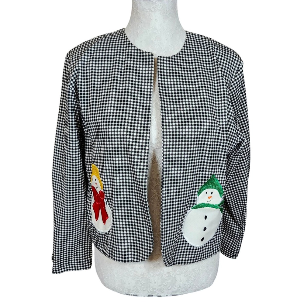 Vintage Lynda Clark Black White Gingham Christmas Snowman Holiday Jacket